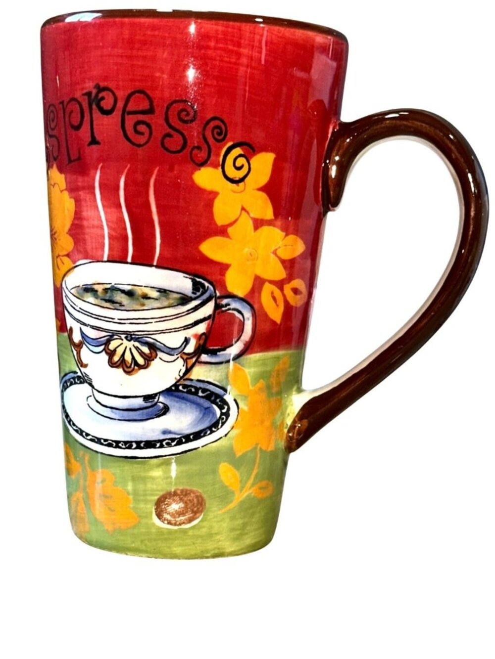 Espresso Tall Ceramic Coffee Mug Floral Cup Saucer Design Brown Handle